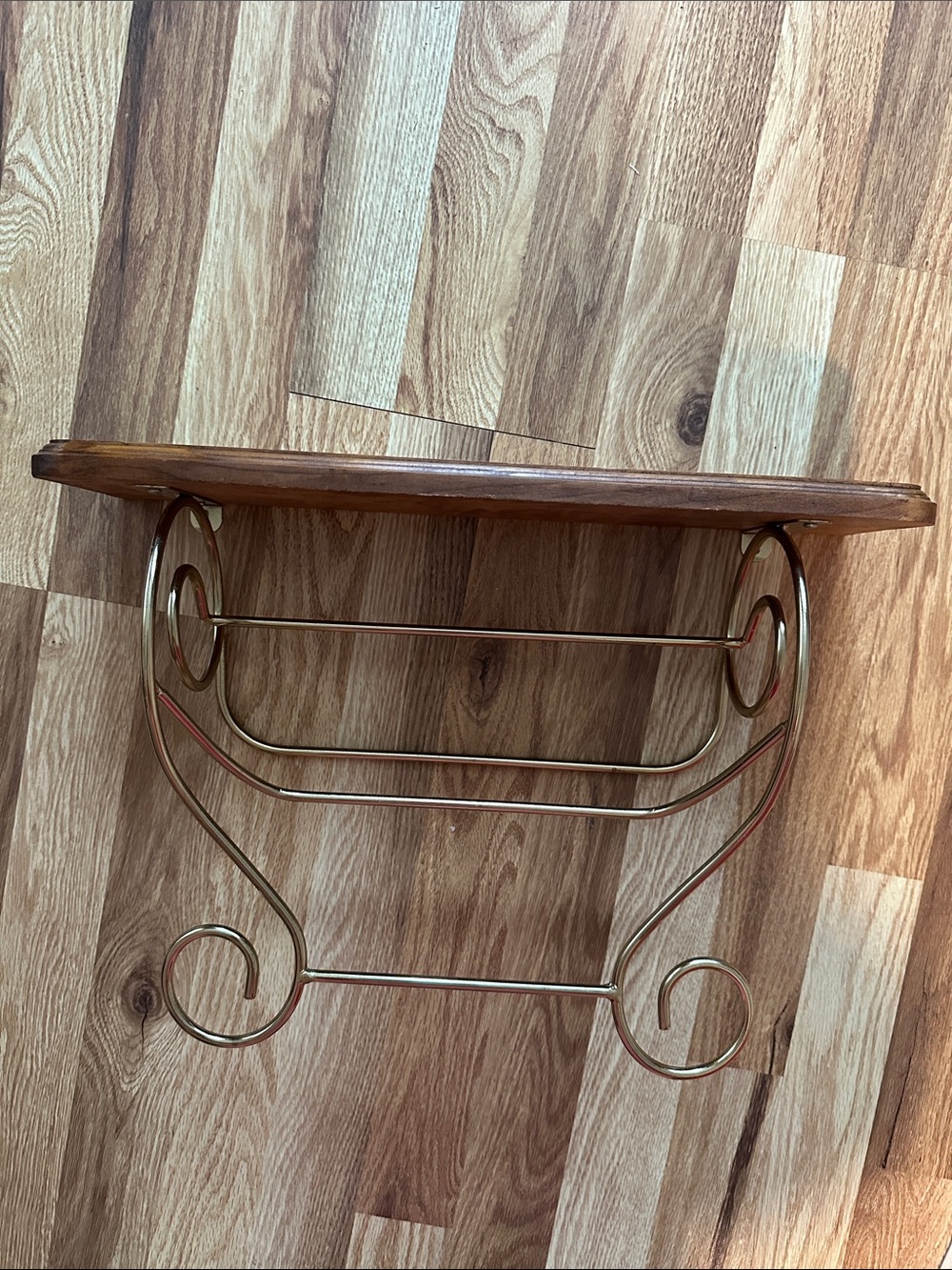 Brass and Wood Wall Shelf with Towel Rack - Brown Brass Finish